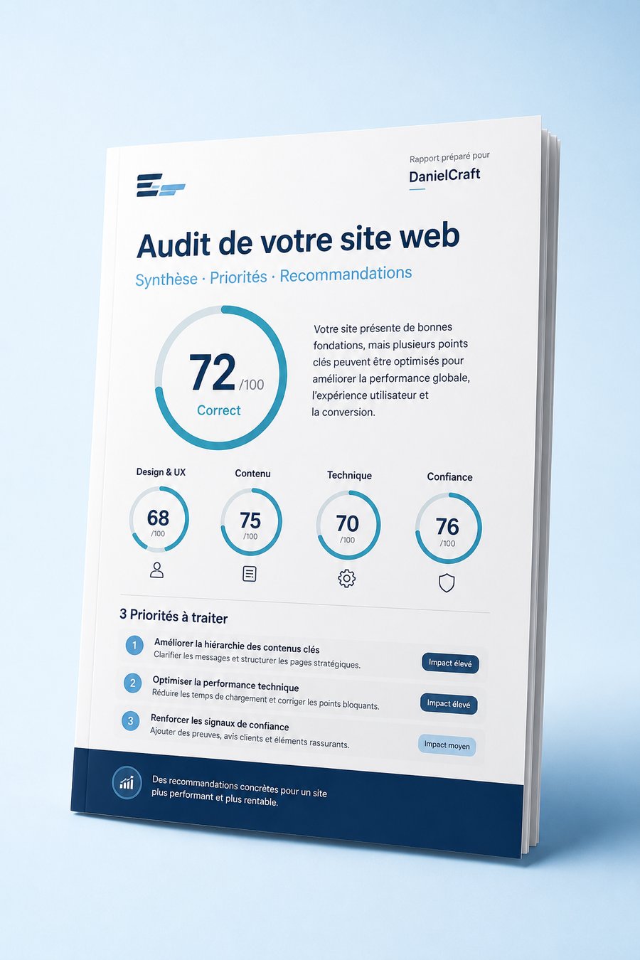 Aperçu d'un rapport d'audit : score, priorités et recommandations