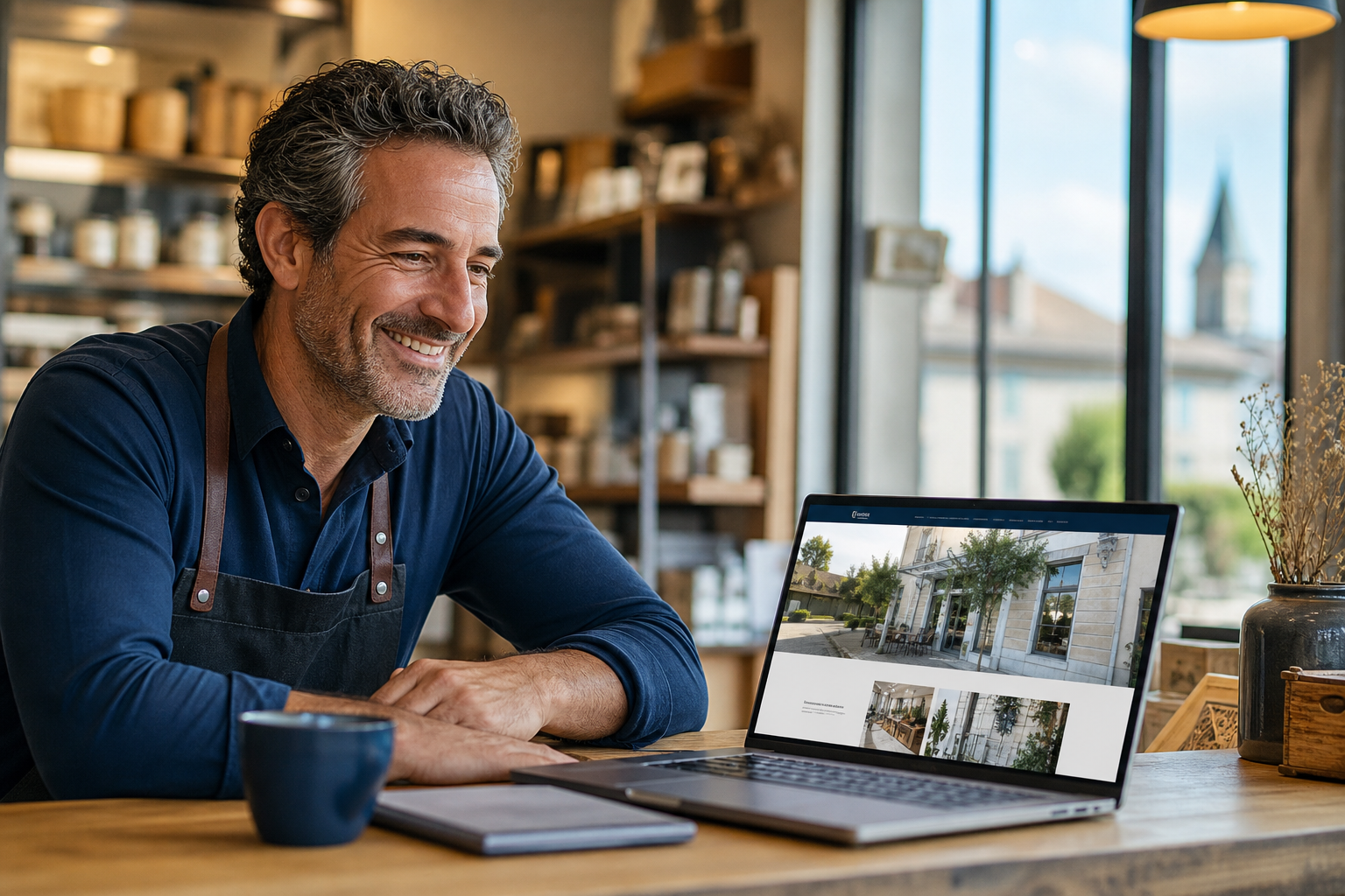 Professionnel satisfait devant son site internet clair et moderne